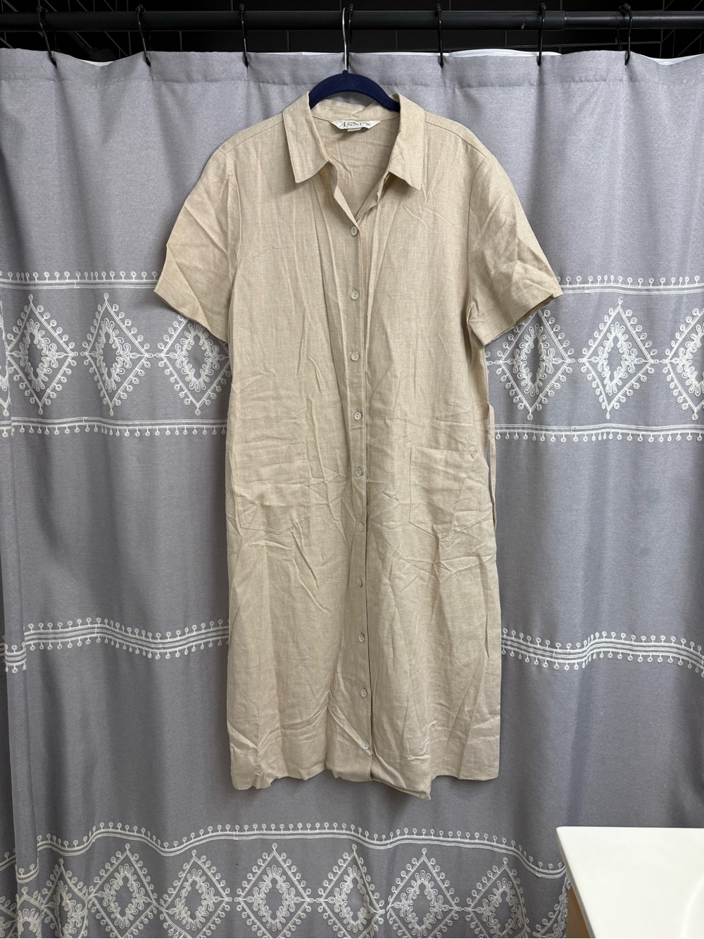 Button-Front Beige Dress w/ Waist Tie